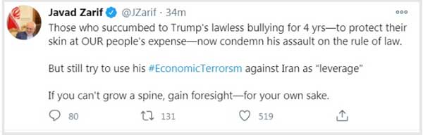 کنایه ظریف به کسانی که چهار سال مقابل قلدری ترامپ سر خم کردند