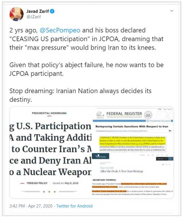 ظریف خطاب به آمریکا: شکست خوردید، به رویاپردازی خاتمه دهید