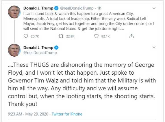 ترامپ خطاب به معترضان: غارت کنید، شلیک میکنیم! (+عکس) ترامپ خطاب به معترضان: غارت کنید، شلیک میکنیم! (+عکس)