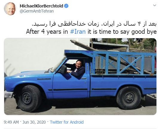 سفیر آلمان سوار بر نیسان از پایان ماموریتش در تهران خبر داد(+عکس) سفیر آلمان سوار بر نیسان از پایان ماموریتش در تهران خبر داد(+عکس)