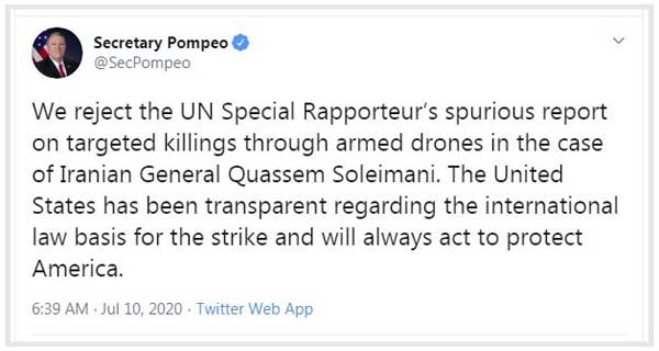عصبانیت وزیر خارجه آمریکا از گزارش سازمان ملل درباره ترور سردار سلیمانی