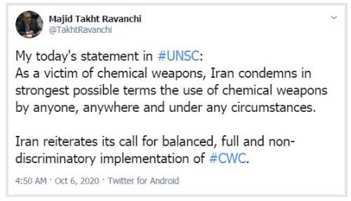 ایران استفاده از سلاحهای شیمیایی را شدیدا محکوم میکند ایران استفاده از سلاحهای شیمیایی را شدیدا محکوم میکند