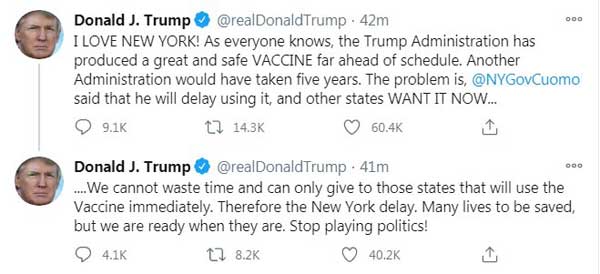 ترامپ: واکسن کرونا را با تاخیر به نیویورک میدهیم (+عکس) ترامپ: واکسن کرونا را با تاخیر به نیویورک میدهیم (+عکس)