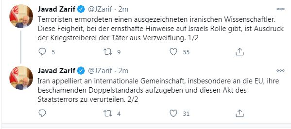ظریف در توئیتی به زبان آلمانی: ترور دانشمند ایرانی یک اقدام بزدلانه بود ظریف در توئیتی به زبان آلمانی: ترور دانشمند ایرانی یک اقدام بزدلانه بود