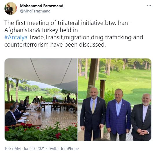تأکید ظریف، چاووش اوغلو و اتمر بر مشارکت فعال در روند صلح افغانستان و مبارزه با تروریسم تأکید ظریف، چاووش اوغلو و اتمر بر مشارکت فعال در روند صلح افغانستان و مبارزه با تروریسم