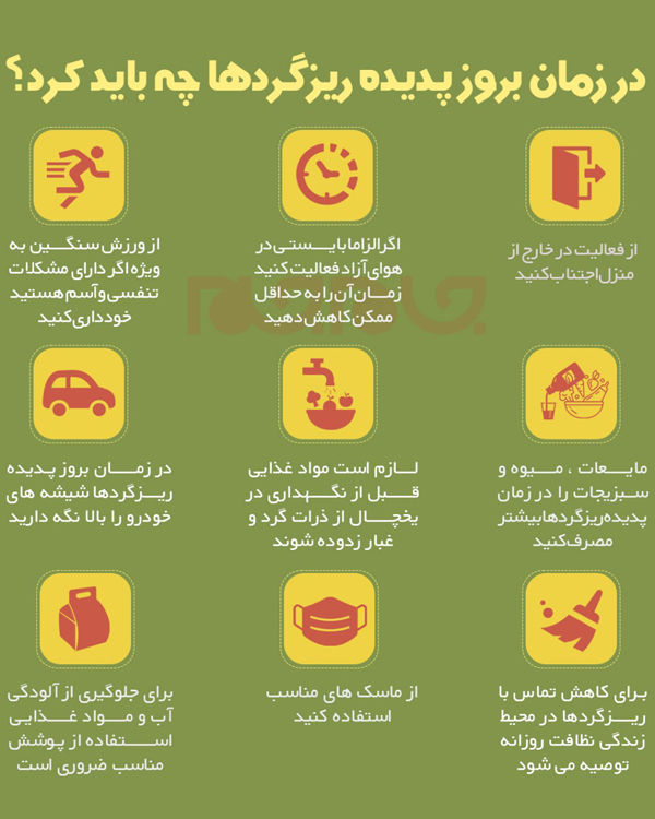اینفوگرافیک | در زمان بروز پدیده ریزگردها چه باید کرد؟ اینفوگرافیک | در زمان بروز پدیده ریزگردها چه باید کرد؟