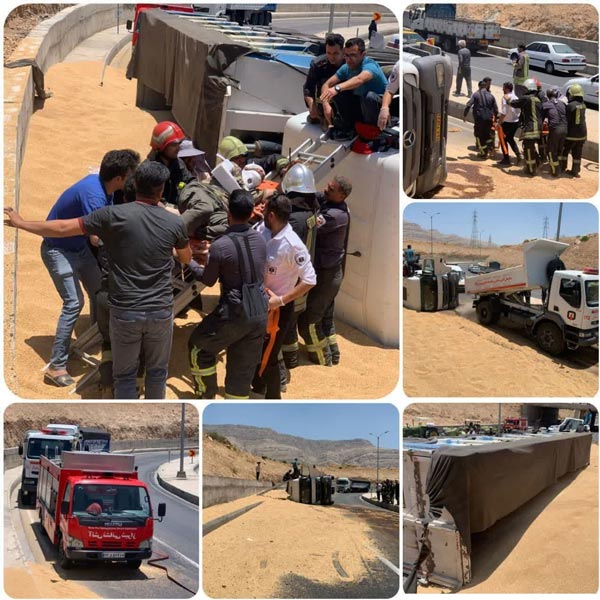 عکس | واژگونی تریلر حمل گندم در محور شیراز ـ خرامه
