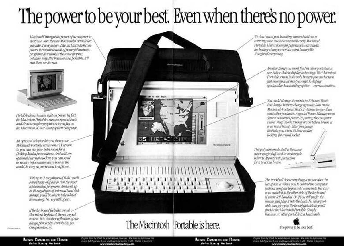 کلیپ دیدنی از اپل مکینتاش در سال ۱۹۸۴ که به‌عنوان کامپیوتری قابل حمل تبلیغ شده است.شاید باورتان نشود ولی مکینتاش با برخورداری از صفحه‌نمایش، مادربورد و فلاپی دیسک، اولین دستگاه all-in-one بوده است!مکینتاش طراح اولین کامپیوتر قابل حمل نیز بوده است.