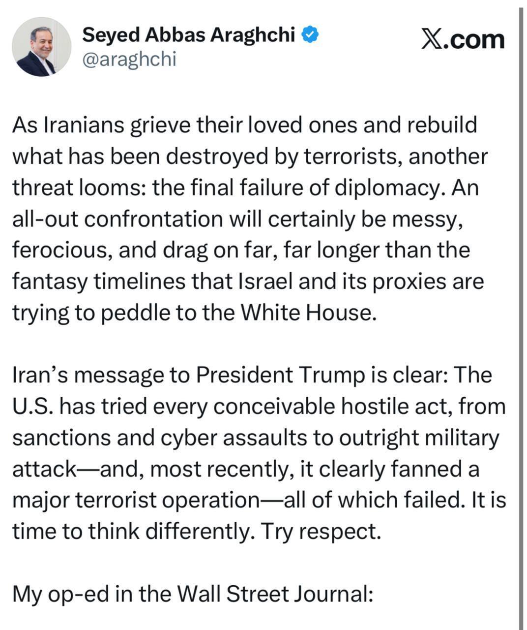 عراقچی خطاب به ترامپ: همه گزینههای شما شکست خوردهاند عراقچی خطاب به ترامپ: همه گزینههای شما شکست خوردهاند