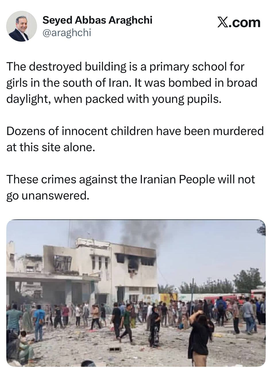 واکنش عراقچی به جنایت آمریکا و رژیم صهیونیستی علیه دختران دانش‌آموز مینابی