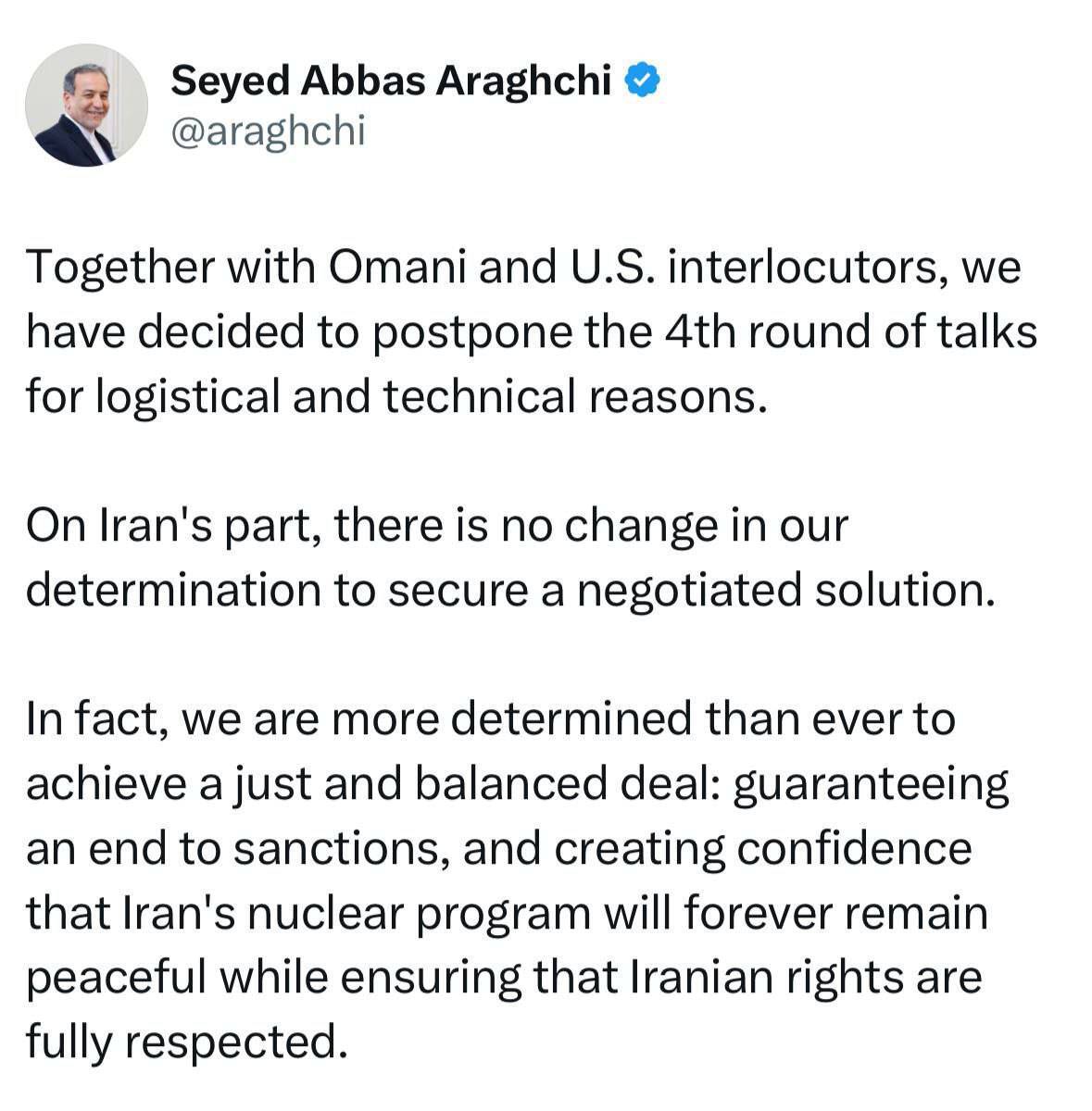 عراقچی: بیش از هر زمان دیگری مصمم به دستیابی به یک توافق عادلانه هستیم