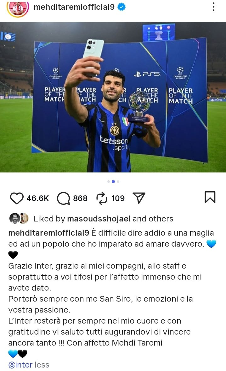 عکس | پست خداحافظی طارمی با هواداران اینتر
