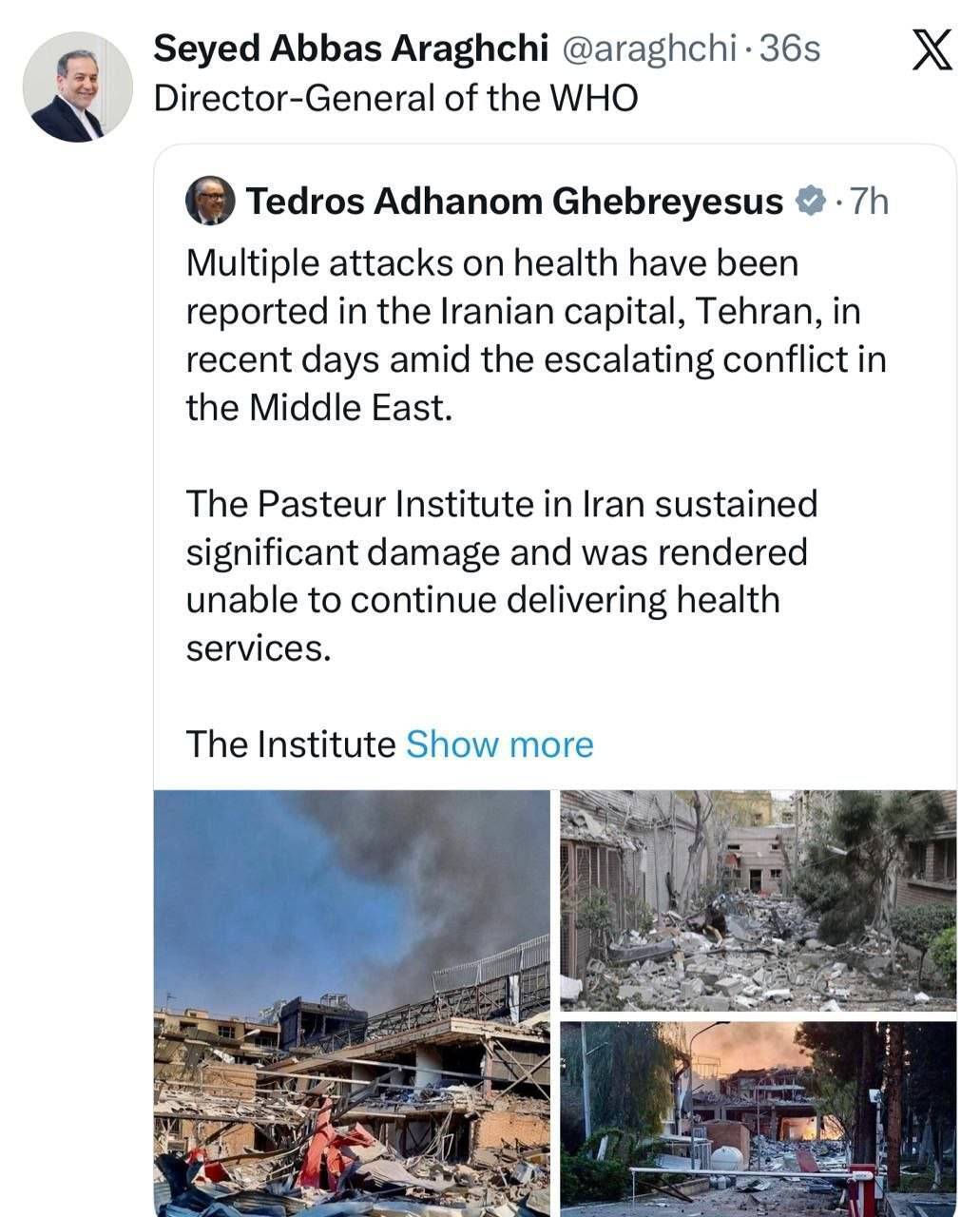 عراقچی انتقاد دبیرکل سازمان بهداشت جهانی را بازنشر کرد