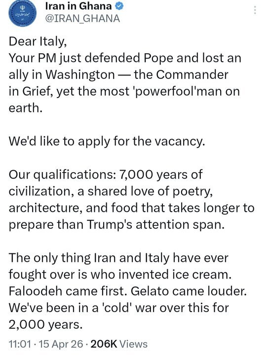 واکنش کنایه‌آمیز سفارت ایران در غنا به حمله ترامپ به پاپ