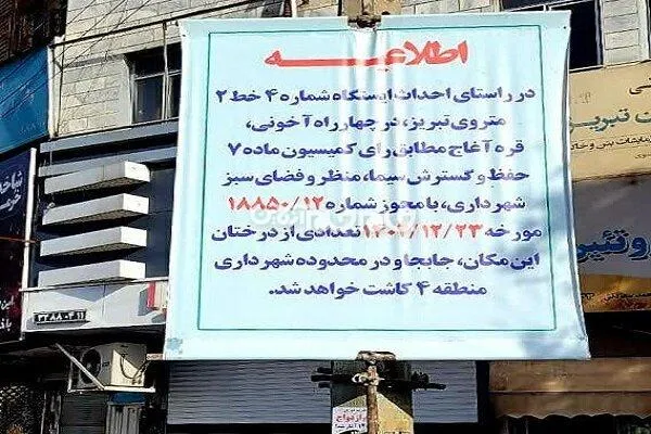 جابجایی درختان واقع در پروژه احداث ایستگاه شماره چهار خط ۲ متروی تبریز