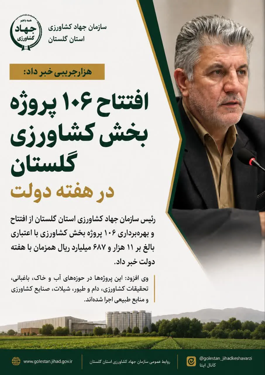 هزارجریبی: ۱۰۶ پروژه بخش کشاورزی گلستان در هفته دولت به بهره‌برداری می‌رسد